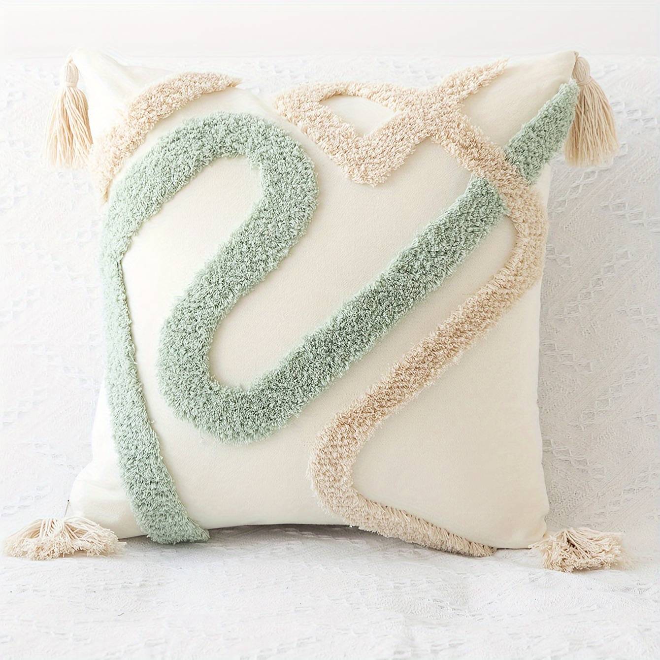 Modern Geometric Hypoallergenic Cushion Cover Suitable For Sofa & Bed - Hand Wash Only Tufted Tassel Cover With Zipper Closure, Allergy-friendly Decor (no Filler Included)