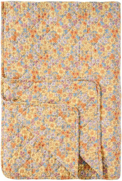 Ib Laursen - Quilt gul med gule, blå, orange og lilla blomster- 130 x 180 cm.