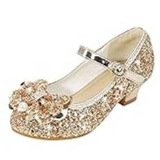 Prinsesskor, flickor, glitter, pumps, rosett, stövlar med paljetter, bröllop, fest, rosett, klänning, skor, uppträdande, dansskor, Elsa, glitter, sandaler, flickor, Mary Jane-skor, Guld, 27 EU