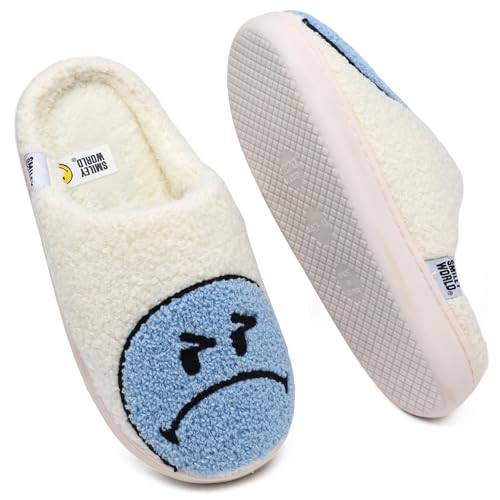 SMILEYWORLD Hemmatofflor barn vinter plysch tofflor för flickor pojkar, B blå vit, 34/35 EU