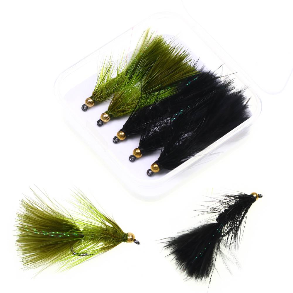 5PCS/Box Olive Brass Bead Head Flash Woolly Bugger Streamer Trout Fly Fishing Lure Baits