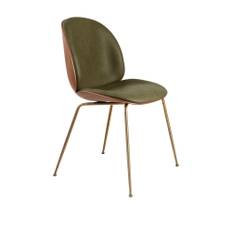 Gubi - Beetle Dining Chair - Front Upholstered, Conic base, Soft Leather Army, GUBIVeneer Shell American Walnut Semi Matt Lacquered, Antique Brass Base, Standard Glides - Matstolar - GamFratesi - Grön