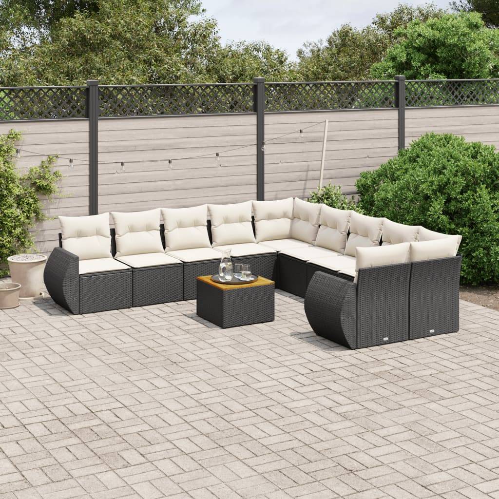Sofasæt Til Haven 11 Dele Med Hynder Polyrattan - Sort og cremefarvet / bord 2x hjørnedel 6x midterdel