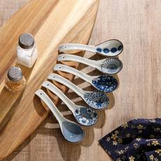 TEMU 6pcs Ceramic Soup Spoons With Floral Patterns, Blue And White Glossy Finish, Long Handle With Holes For Hanging, Serving Soups, , Dishes, Soup Serving Spoons | Elegant Tableware | Functional