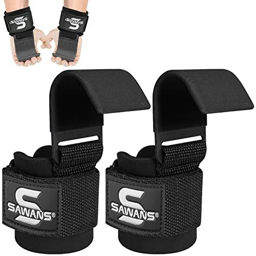 SAWANS Lyftkrokar halkfri belagd slitstark massiv stål neopren tjock vadderad handledsstöd par tyngdlyftning gym remmar dödlyftning haka dra upp fitness bar grepp styrka träningsutrustning (Svart)