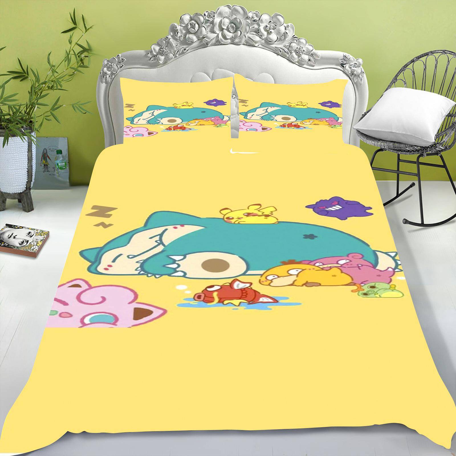Tecknad påslakan set för barn, Pikachu Anime täcke, King Size täcke, Queen, Grad A, 3D sovrumslakan 173x218cm