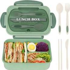 1pc Adult Bento Box, 1200 Ml Lunch Container, Leak-Proof Bento Box With Cutlery, , 3 Compartment Bento Box Microwave-Safe Green