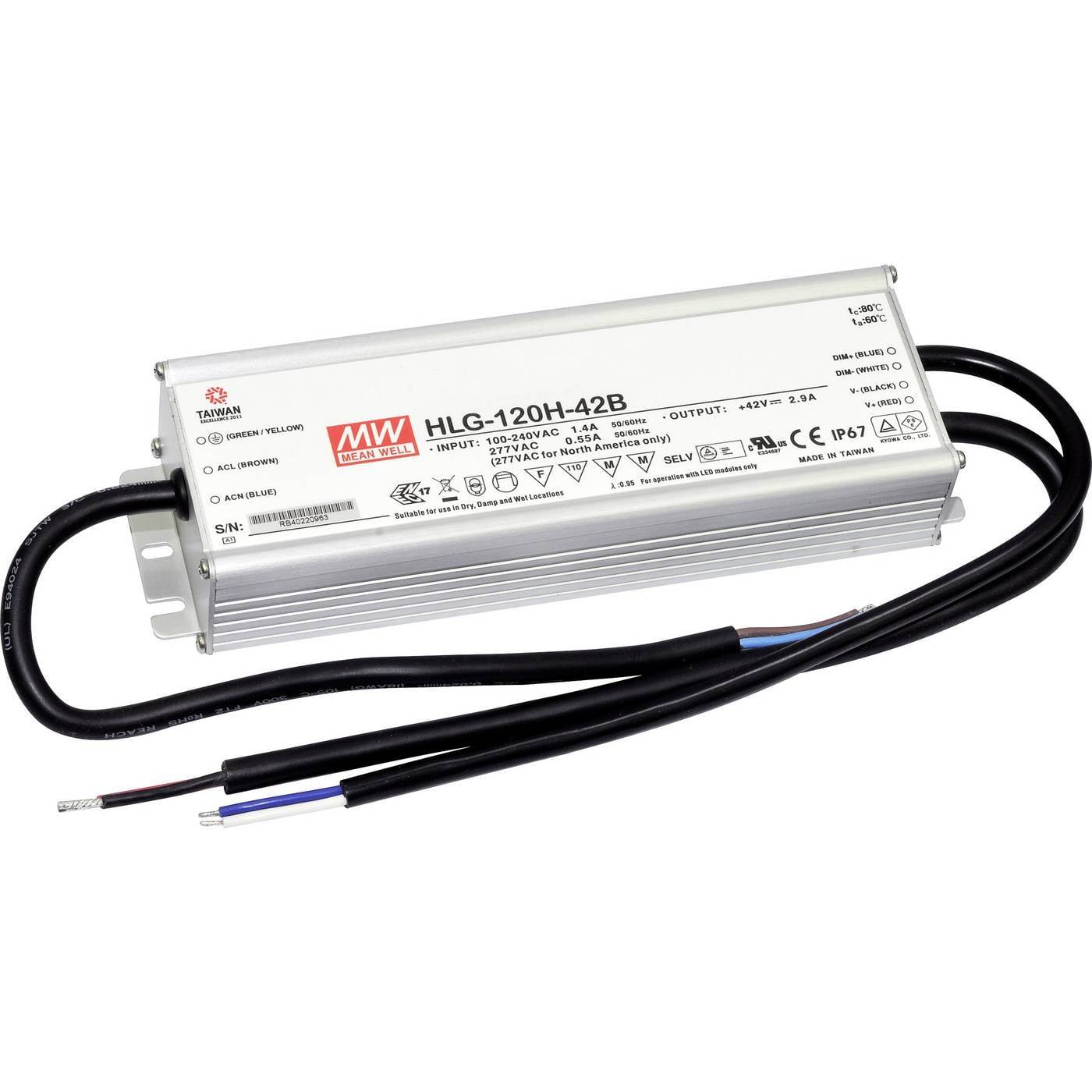 MEAN WELL HLG-120H-12B LED driver, LED transformator Konstantspänning, Konstantström 120 W 10 A 6 - 12 V/DC dimbar, PFC-krets, Överbelastningsskydd 1 st