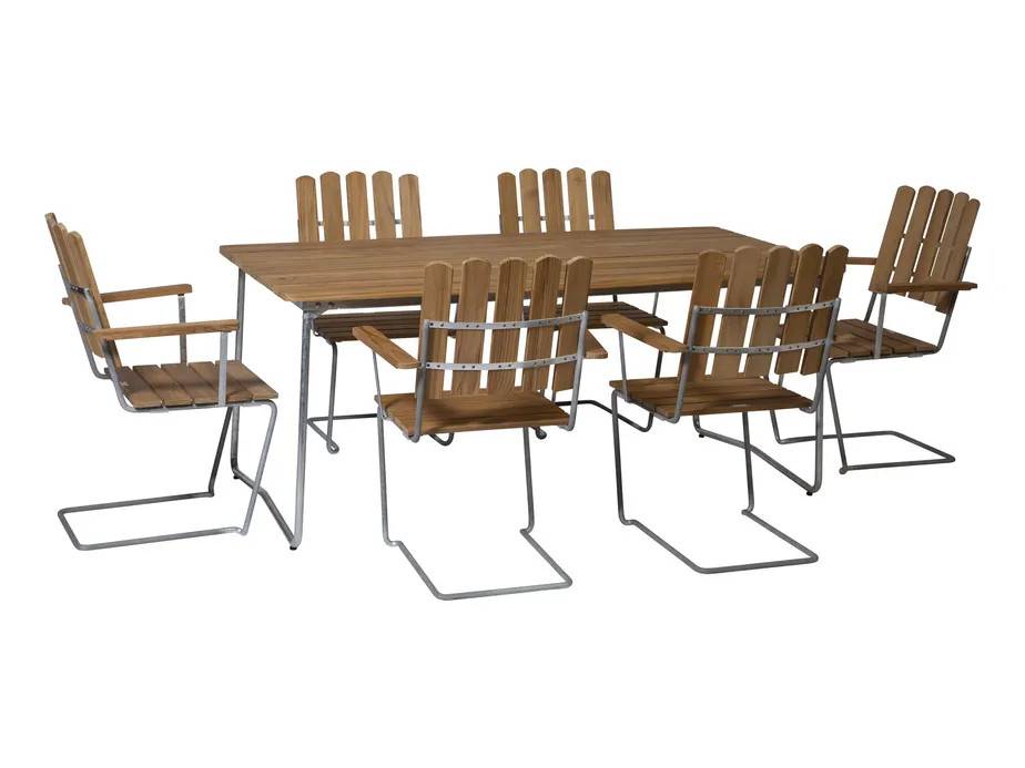 Grythyttan Stålmöbler B31 spisegruppe Teak/galvaniseret stål 6 lænestole & bord 170 x 92 cm