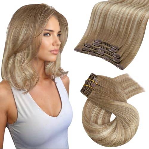 Moresoo Naturlig hårförlängning, ombre-blond, 30 cm, mänskligt hår, balayage-teknik, ljusbrun, hårförlängning med klämma, ljusbrun till mellanblond, 5 st/80 g, #8/22/8