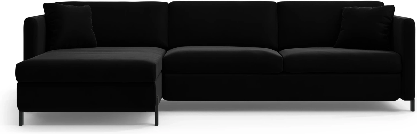 Sovesofa chaiselong Micadoni Gloria, venstrevendt 266 cm, sort velour, soveplads 140×205 cm, opbevaring