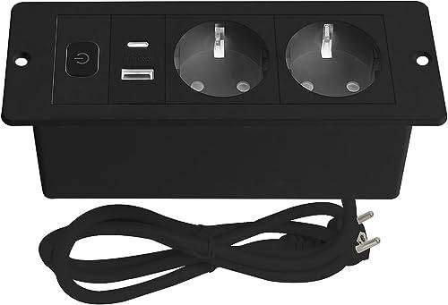 Btstil Bordsskiva försänkt uttag, 2-vägs bordsuttag med USB och typ-C, 1,8 m kabel, grenuttag, infälld bänkskiva för kontor, kök, bänkskiva (2 AC-svart)