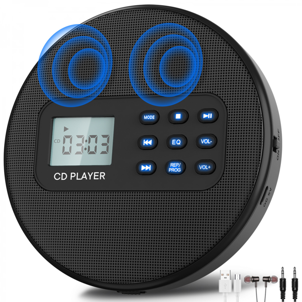 CD-afspiller med højttalere, genopladelig Walkman Discman til MP3-, CD- og USB-afspilning med hovedtelefoner, bærbar H