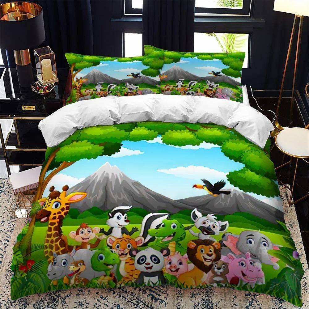 Tecknad Zoo Djur Sängklädesset Pojkar Flickor Enkel Queen Size Påslakan Örngott Säng Barn Vuxen Mode Hemtextil AU Double 180x210cm
