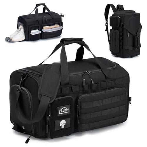 BAGZY Arbeitstasche Herren 40L Taktische Reisetasche Sporttasche mit Rucksackfunktion Einsatztasche Polizei Trainingstasche mit Schuhfach Nassfach Groß Rucksack für Gym Fitness Weekender Schwarz