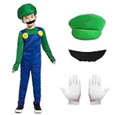 Alaiyaky Mario och Luigi-kostym för vuxna och barn, Mario-dräkt, super-rörmokare, overall, Mario Bros, cosplay-outfit med hatt, mustasch och handskar, Mario-outfit för halloween och karneval (pojkar,