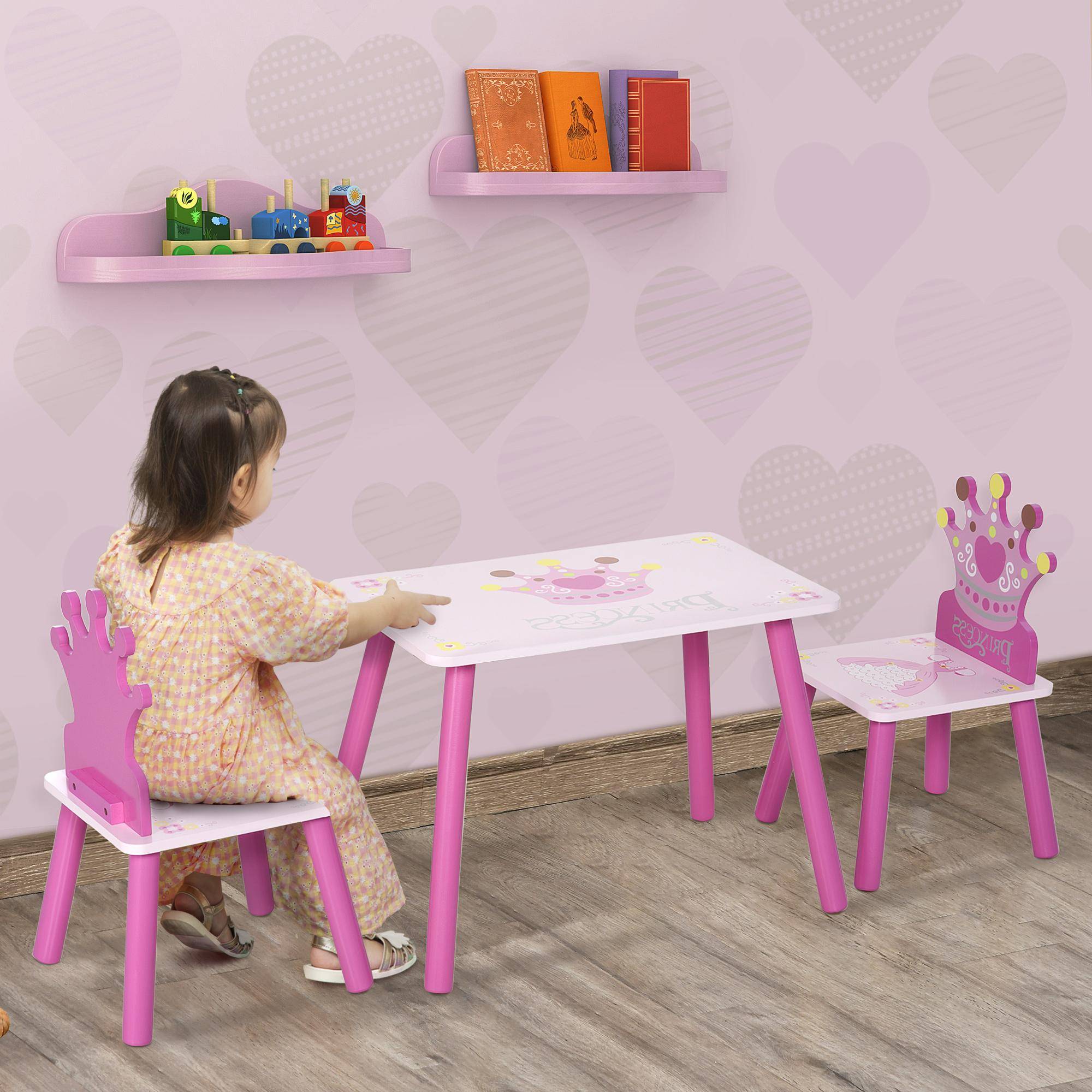 3-delat barnbord med 2 stolar, Prinsesskrona-design, Rosa