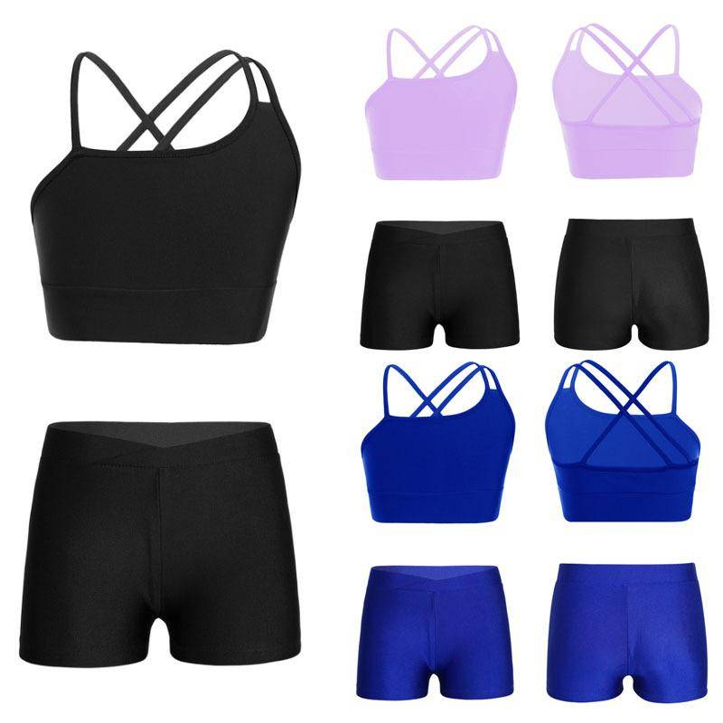 Flickor Barn Tvådelad Set Dans Träningsdräkt Gymnastikdräkt Crop Top med Shorts Danskläder cm sjögrön färg/svart