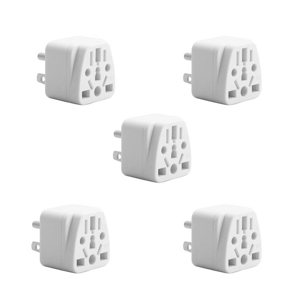 5X US Travel Plug Adapter EU/UK/AU/In/CN/JP/Asia/Italy/Brazil to USA (Type B), 3 Prong USA Plug, Charger Converter White