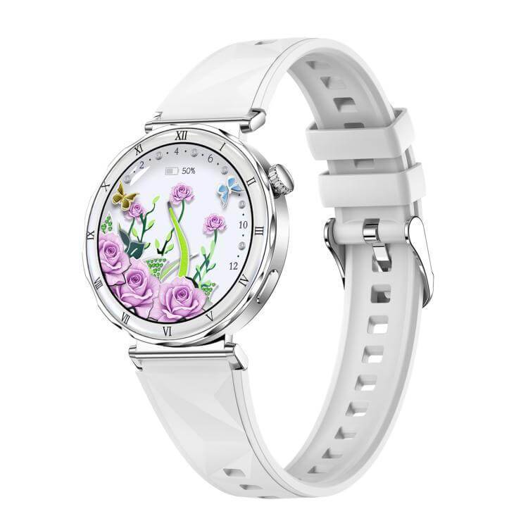 QS22 Womens AMOLED Display Smart Sports Watch - Silver Case White Silicone Strap