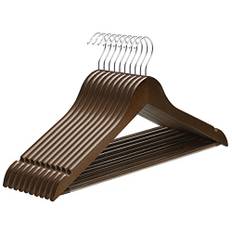SONGMICS Trähängare, set med 10, klädhängare, klädhängare, med axelskåror, halkfri byxstång, 360° vridbar krok, för kostymer, skjortor, rockar, mörk valnöt och silver CRW001V01