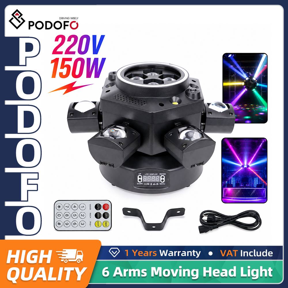 Podofo 6 Heads Moving Head Stage Light 10W CREE RGBW Full Color LED Multi Effect DJ Lighting Built In Laser Strobe Light Sound Activated 26CH DMX Control With Remote Controller For Party Club Bar