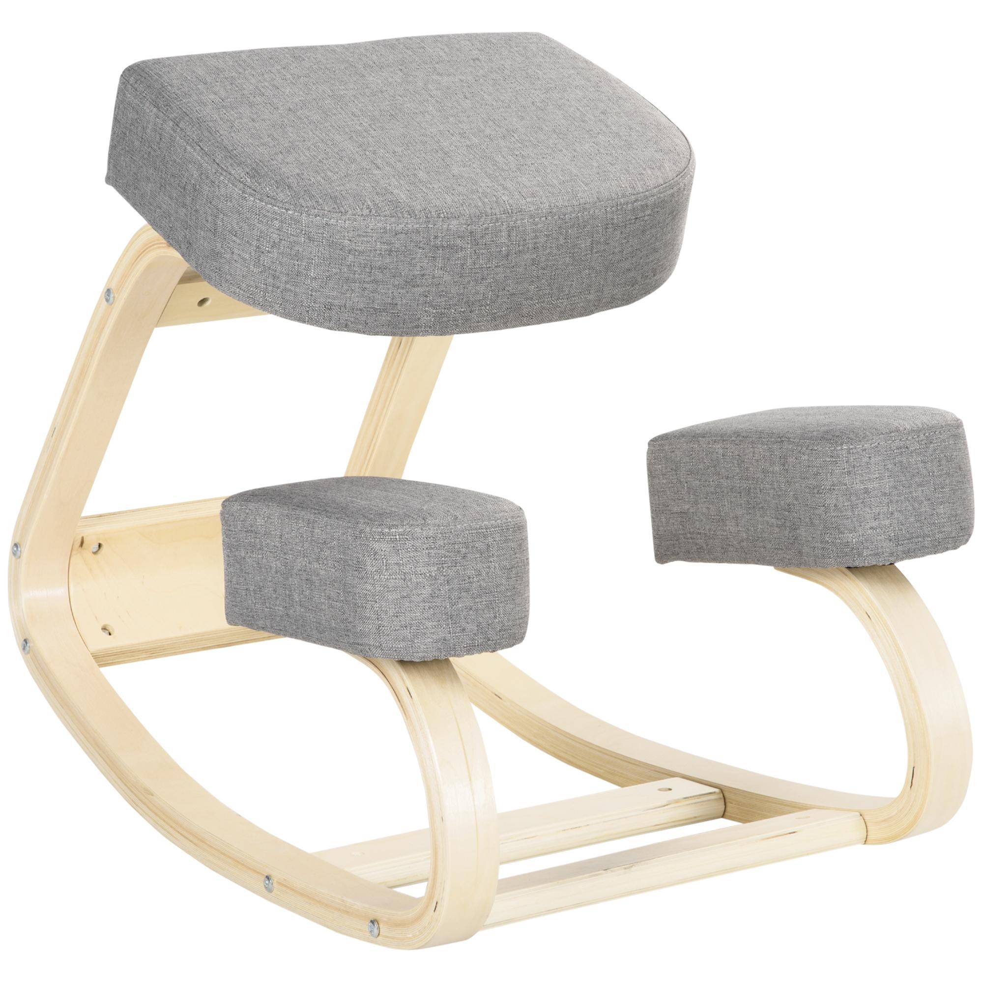 Knäböjande stol, Ergonomisk sittpall, Klädd pall för hälsosam sittställning, Björkved, 120 kg Belastningskapacitet, Grå grå