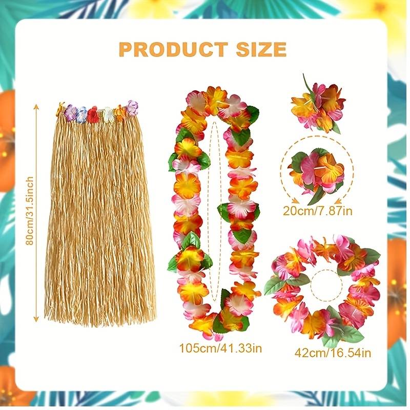 5pcs Hawaiian Costume For & - Complete Luau Party Outfit With Grass Skirt, Flower Leis, Garland - - Costume For Beach Wedding, Bridal Shower, Hawaiian Dance Performances (5pcs)