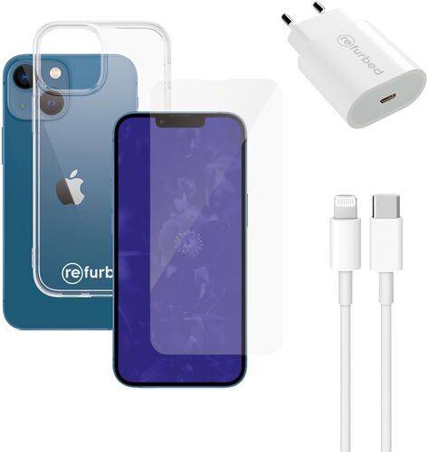 Snabbladdare (20W), kabel (lightning), skärmskydd för telefonen och genomskinligt mobilskal | iPhone 13 Mini | genomskinlig