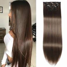 Clip In Hair Extensions, LONAI 6PCS 24" Lång Svart Brun Med Highlight Rak Syntetisk Clip On Hairpiece For Women Naturligt hår för dagligt bruk Cosplay