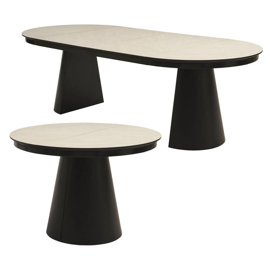 Pearl bord med 2 plader Lys grå laminat sort metal sokkel ø110cm 110x240cm