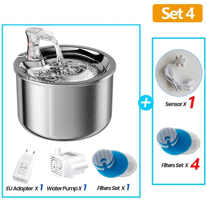 Premium Stainless Steel Cat Water Fountain with Smart Motion Sensor - Set 4 / 2L