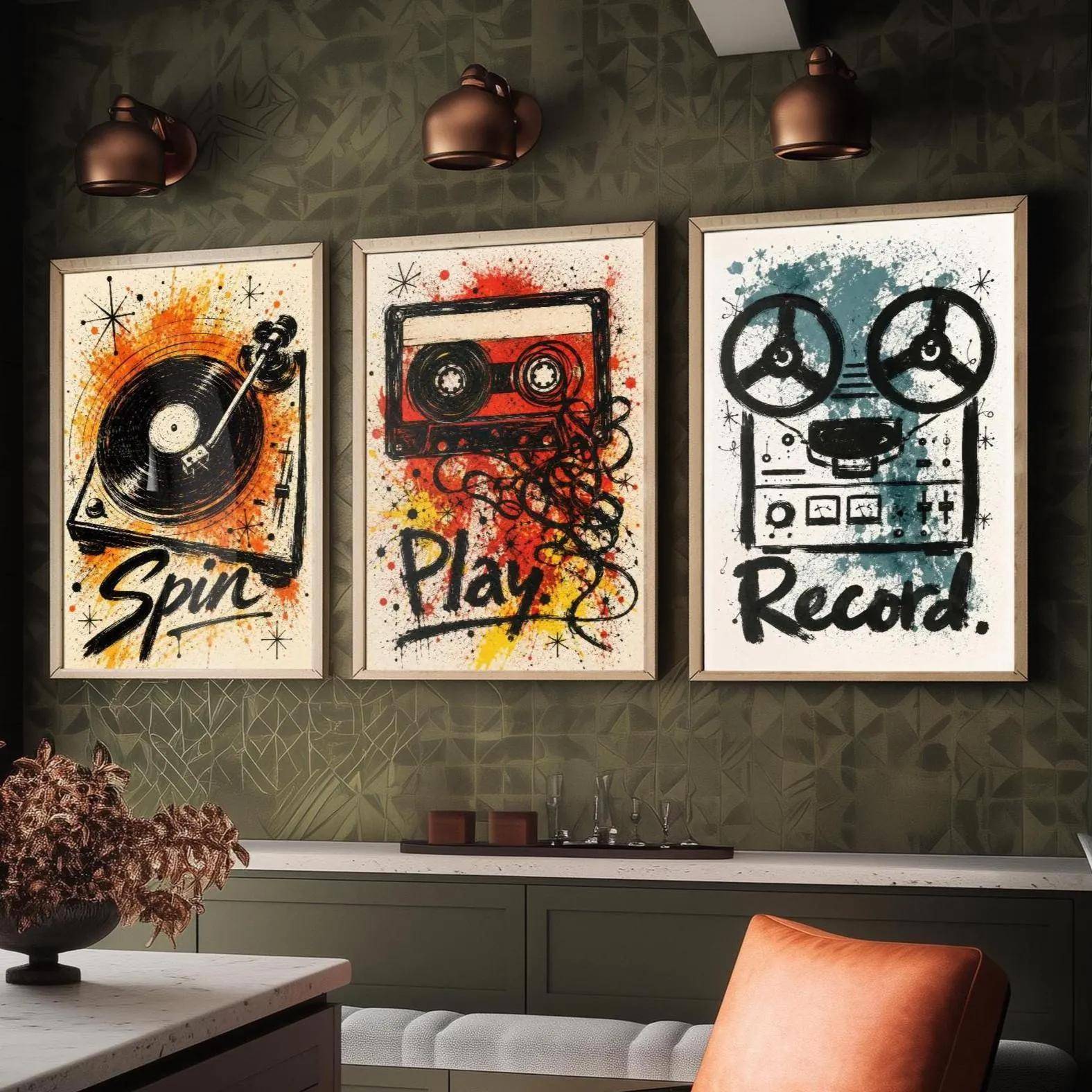 3 st Retro Graffiti Musik Väggkonst, Bläck Skivspelare Kassettband Canvas Prints, Vintage Gatukonst Affischer för Musikbar Dekor