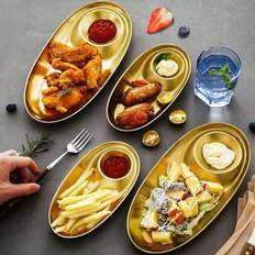 Oval tallrik i guldfärgat rostfritt stål - 1 st minimalistisk pasta- och salladsfat, okrossbart köksservis, modern estetisk present (M,S)