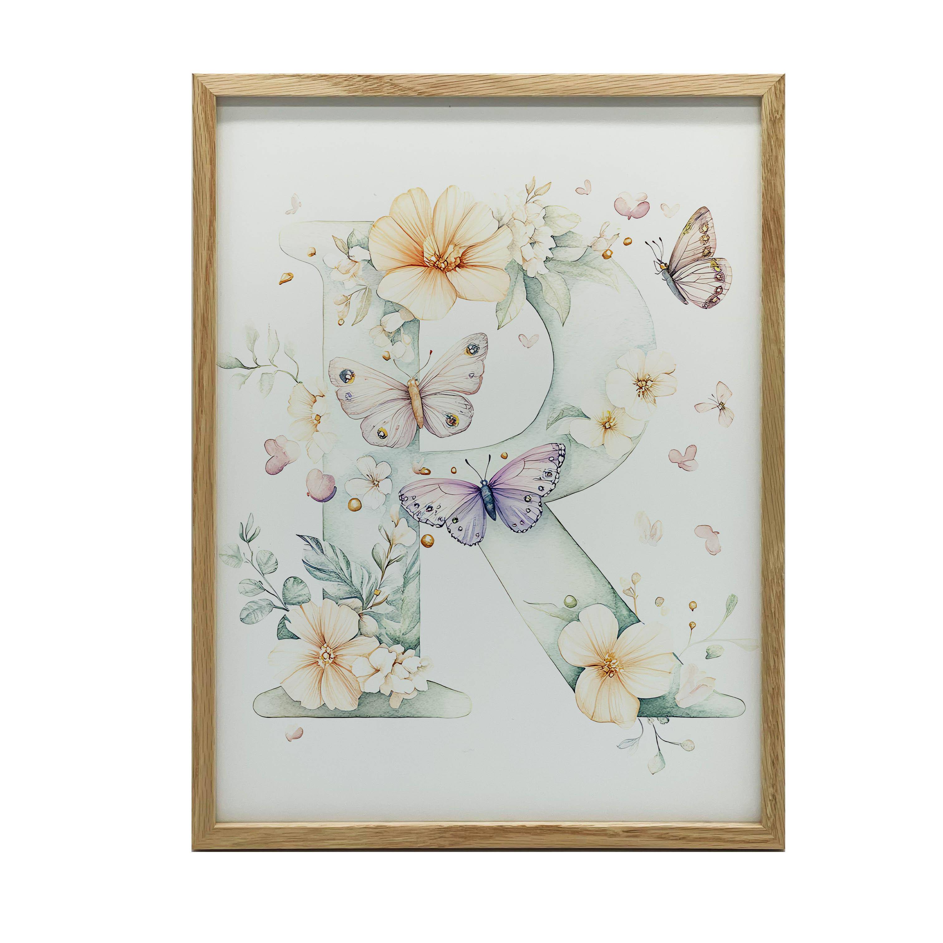 Poster Bokstaven R I Blommor Och Fjärilar Poster Bokstaven R I Blommor Och Fjärilar, 30X40 Cm, Guld Aluminiumram, Matt Papper 230 Gsm 36