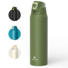 SANTECO Säker läckagesäker flaska, termos i rostfritt stål, 1,5 l, BPA-fri, termos med transportväska, vattenflaska, diskmaskinssäker för resor, camping, grön