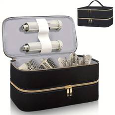 TEMU Elegant Pu Travel Makeup Bag - Portable Hard Case With Double Zipper Compartment, Lightweight Hair Dryers, Hot Air Brushes & Accessories (black/gray)