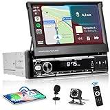 Hikity 1 Din utdragbar skärm Carplay Trådlös bilradio 1 Din med Bluetooth Handsfree Android Auto FM AUX TF USB SWC Spegellänk bakifrån kamera