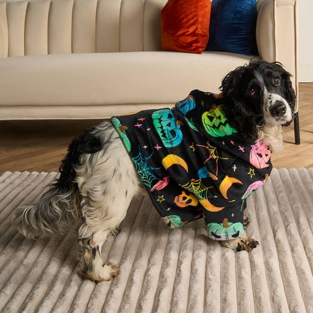 OHS Neon Halloween Dog Hoodie Blanket Winter Sherpa Fleece Soft Jumper in Black | Size: Medium