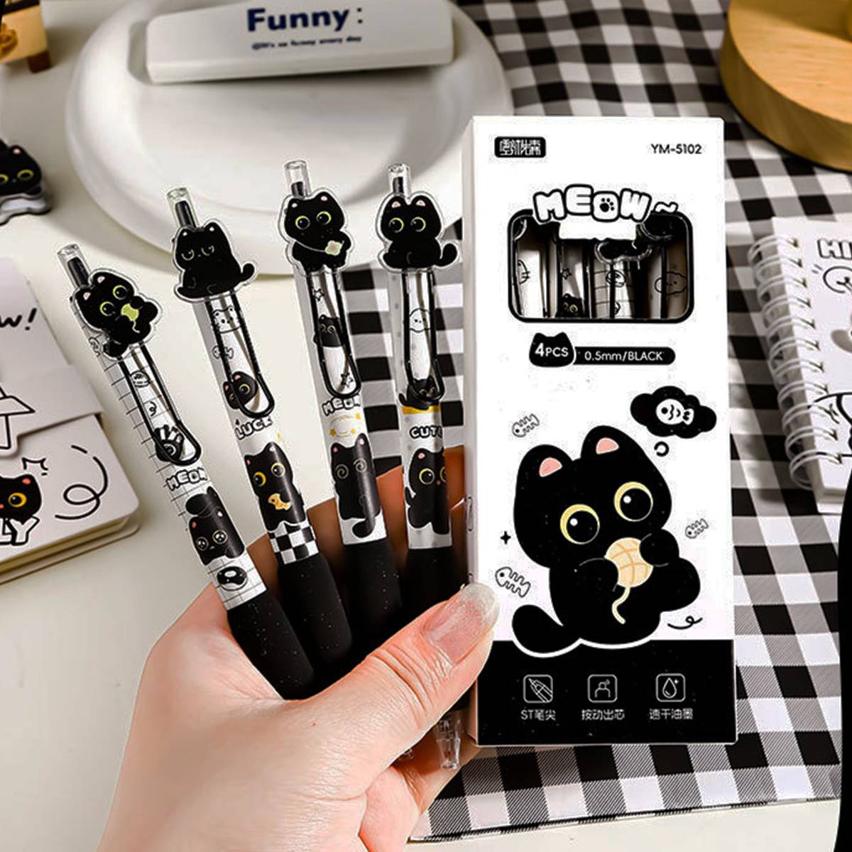 4pcs Kawaii Black Cat Retractable Gel Pens, , 0.5mm Quick-dry St Nib, Smooth Writing, Cute Stationery For Students, Study, Office & School Supplies