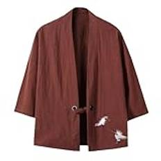 Herr sommar kinesisk stil cardigan bomull linne japansk kimono stil linne 3/4 ärm skjorta, 708 Kaffe Brun, XS