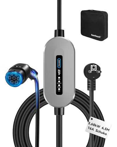 RamTouch Elbilsladdare (3,68 kW, 6,5 m, 16 A, 1-fas) | Laddkabel Schuko till Typ 2 med LED, Bärbar Laddbox för Elbil, Hybridbil och Laddhybrid (för MODEL Y/3/X/S, EX30, XC40, ID.4, ENYAQ m.fl.)