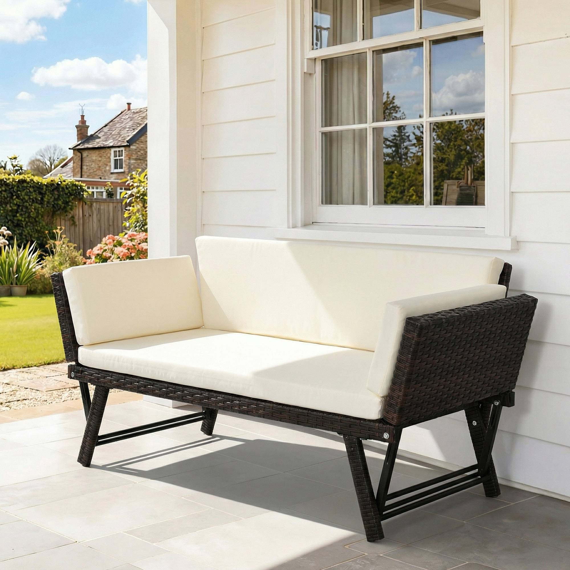 Polyrattan Havesofa 2-personers Sammenklappelig Havemøbel Loungesofa med Armlæn Stål Brun 129x63x67 cm til Terrasse & Altan.