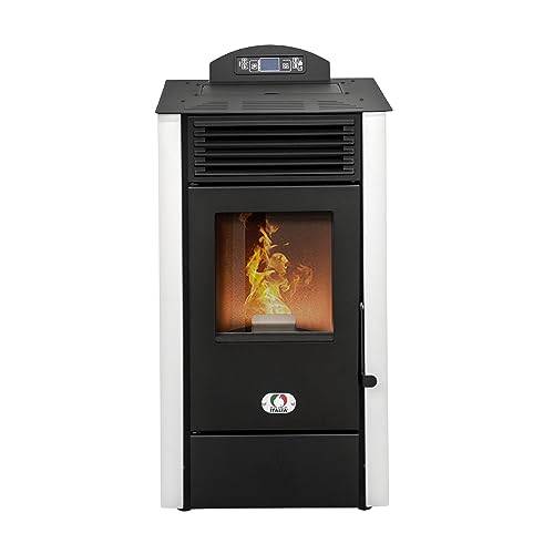 Stufe a Pellet Italia California 10 kW – pelletskamin med varmluftsventilation, Wi-Fi-kontroll, 90 % effektivitet, uppvärmd yta på 80 m², 20 h batteritid, 5 hastigheter/effekter, programmerbar, vit