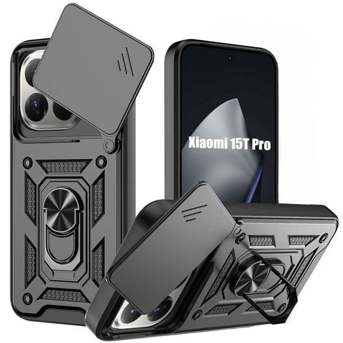 Stöttåligt skal - E.F.CONNECTION - för Xiaomi 15T Pro - med ring och linsskydd - Svart