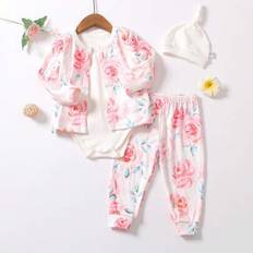 3st/set Baby Girls Blommig jacka, elastiska midjebyxor Outfit och Romper med hatt, höst - Vitt (6-9M,9-12M,12-18M,0-1M,1-3M,3-6M)