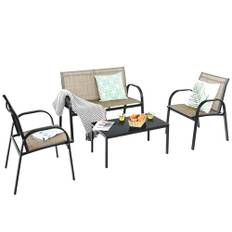 COSTWAY 4 delar. Set med trädgårdsmöbler, utemöbler med bänk, 2 stolar och soffbord, lounge, balkongmöbler i set utomhus, trädgårdsset för terrasser, balkong, trädgård (brun)