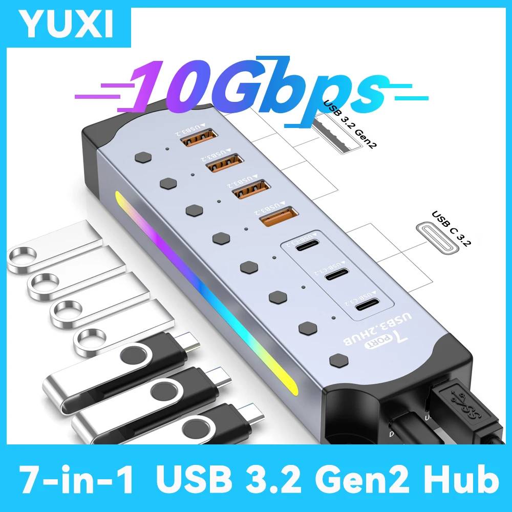7 in 1 USB 3.2 Gen 2 HUB Powered USB 3.2 Splitter 10Gbps USB A Type C HUB Individual Switch Multiport RGB Expander For Laptop PC