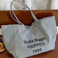 Stor grå strandväska i canvas, unisex stor tygväska i koreansk stil för resor och shopping