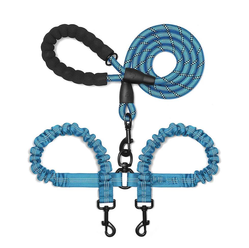 Dual Dog Coupler Leash – Walk 2 Dogs at Once - Blue leashes